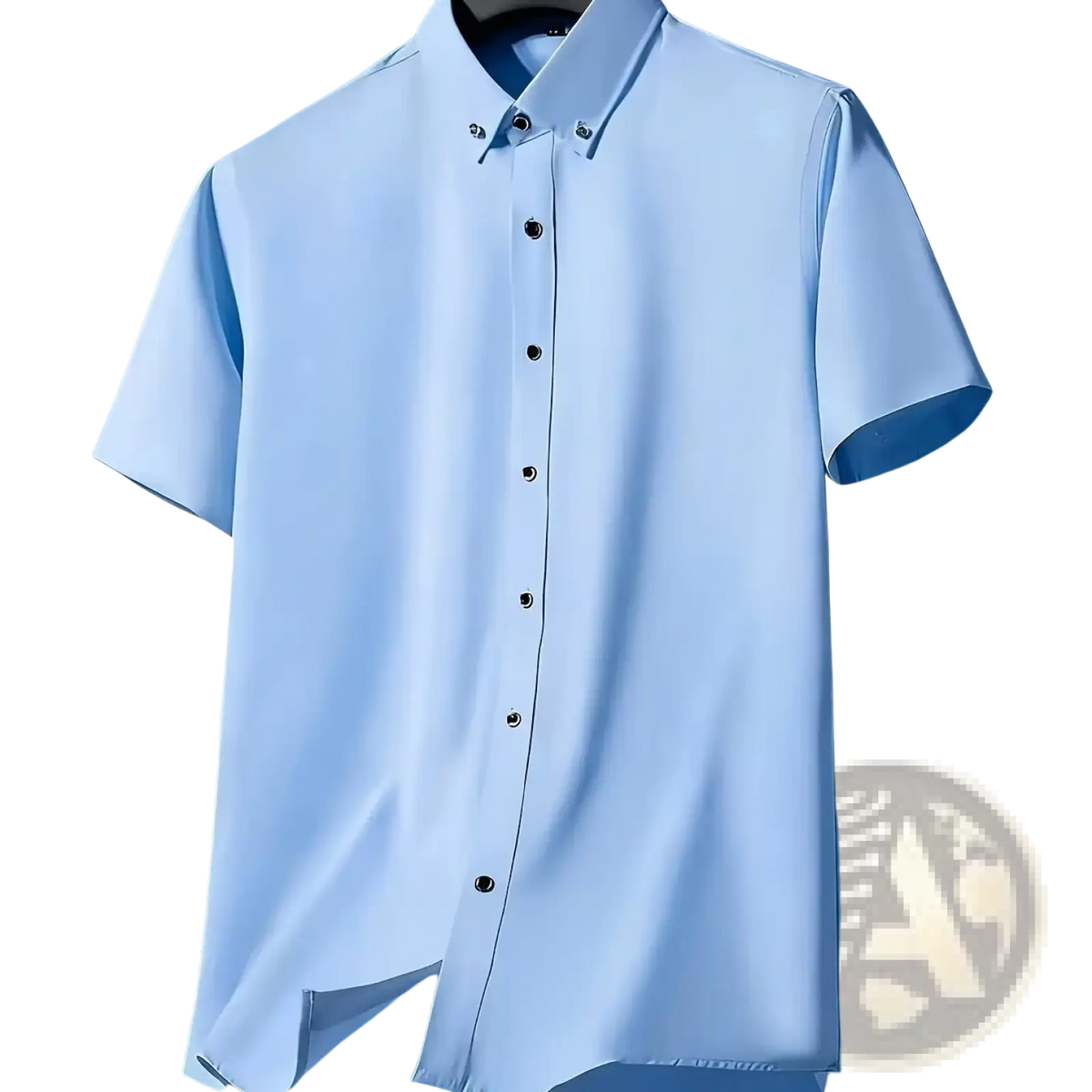 Light blue men short sleeve dress shirt with crisp collar and dark buttons for business casual and formal uniform use