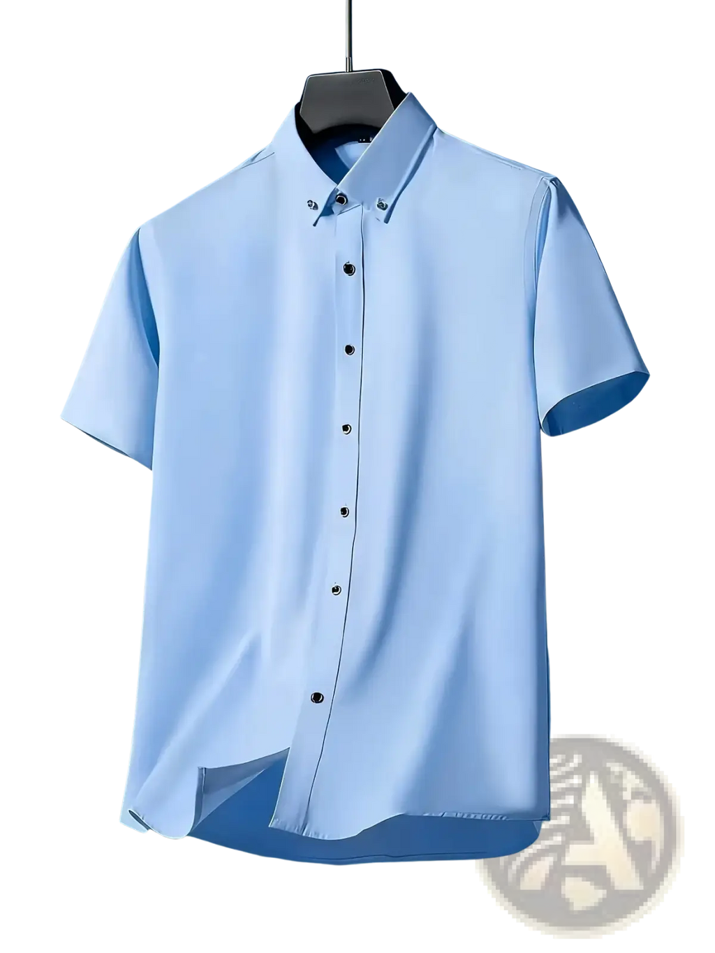 Men short sleeve dress shirt in light blue with button down collar and dark buttons for business casual and formal use