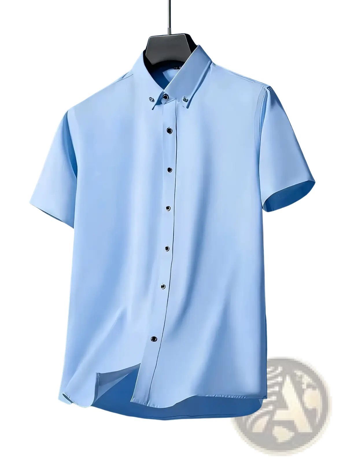 Men short sleeve dress shirt in light blue with button down collar and dark buttons for business casual and formal use