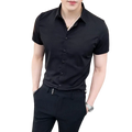 Men short sleeve dress shirt in black cotton blend with crisp collar and subtle texture for formal wear