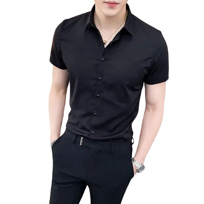 Men short sleeve dress shirt in black cotton blend with crisp collar and subtle texture for formal wear