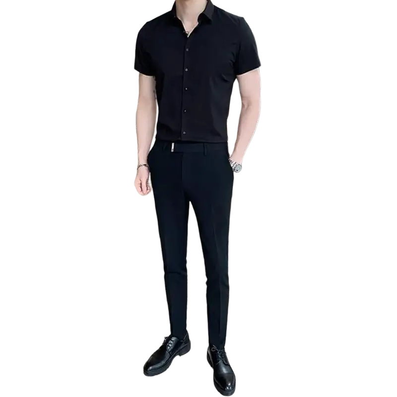 Black short sleeve dress shirt with classic collar and tailored fit made from cotton blend for men
