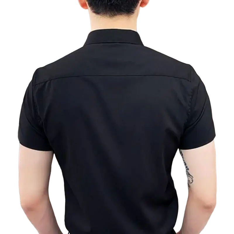 Black short sleeve dress shirt with crisp collar and smooth cotton blend fabric for men