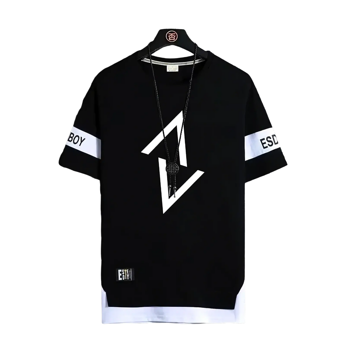 Men short sleeve graphic tee in black with white geometric print, white sleeve bands with text, and contrasting white hem
