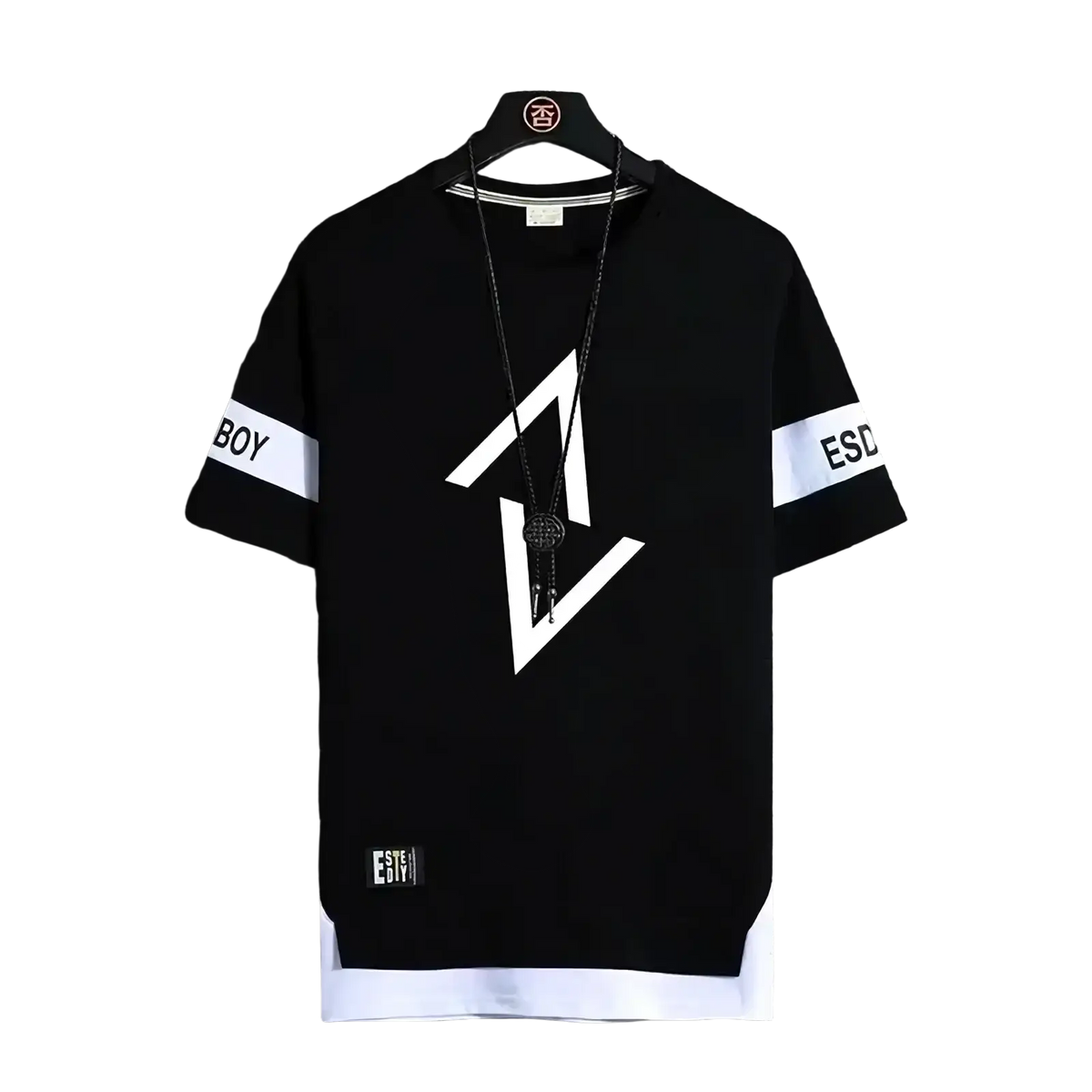 Men short sleeve black graphic tee with white geometric logo and sleeve stripes ideal for streetwear summer style