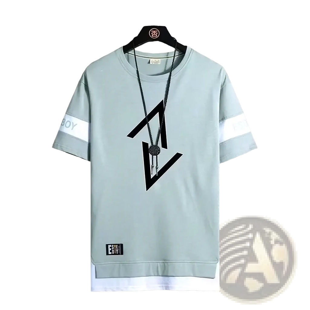 Men short sleeve graphic tee in light green with black geometric print white sleeve stripes and logo patch for summer streetwear