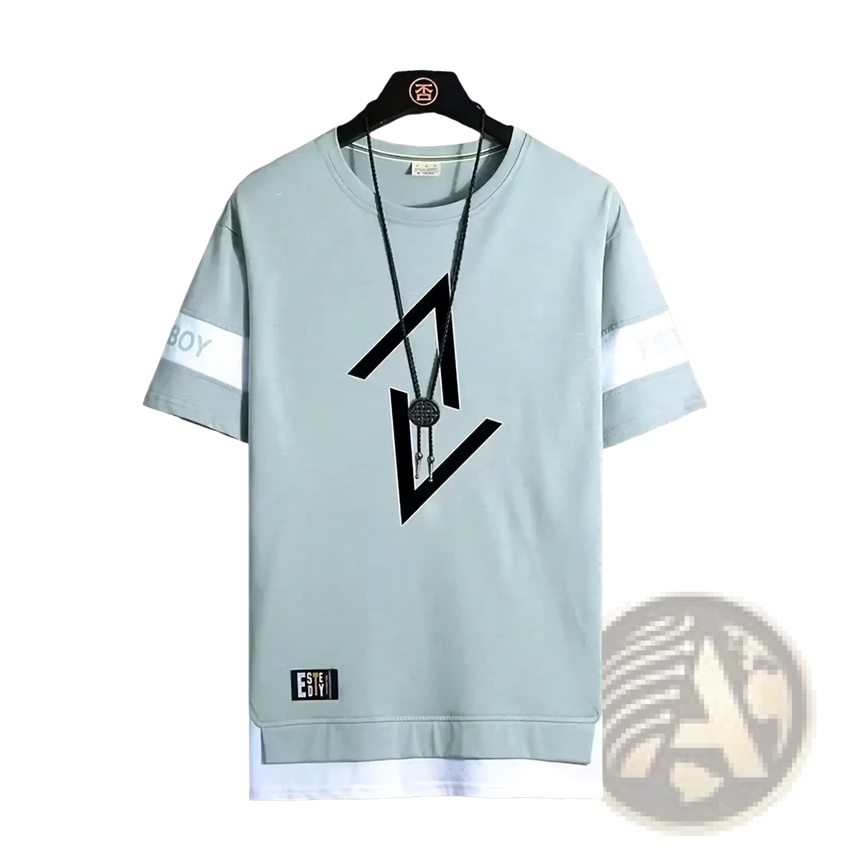 Men short sleeve graphic tee in light green with black geometric print white sleeve stripes and logo patch for summer streetwear