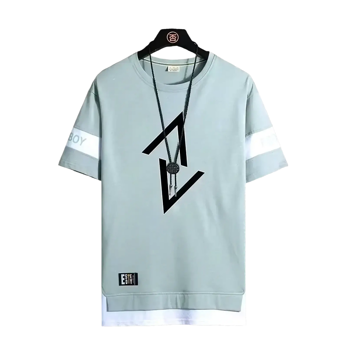 Light gray men short sleeve graphic tee with black geometric design and white sleeve stripes for streetwear summer