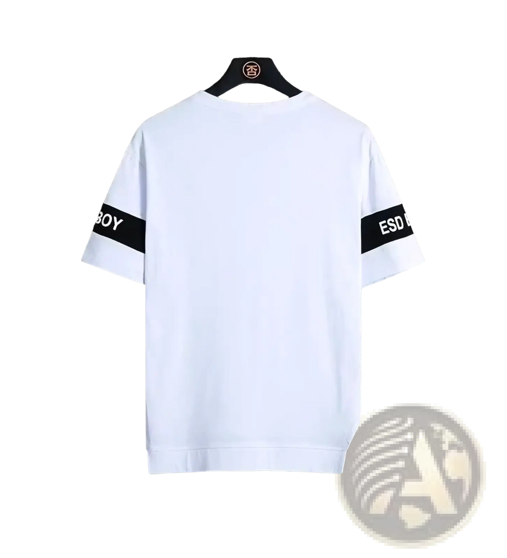 Men short sleeve white cotton graphic tee with black sleeve bands featuring boy and esd text for summer streetwear