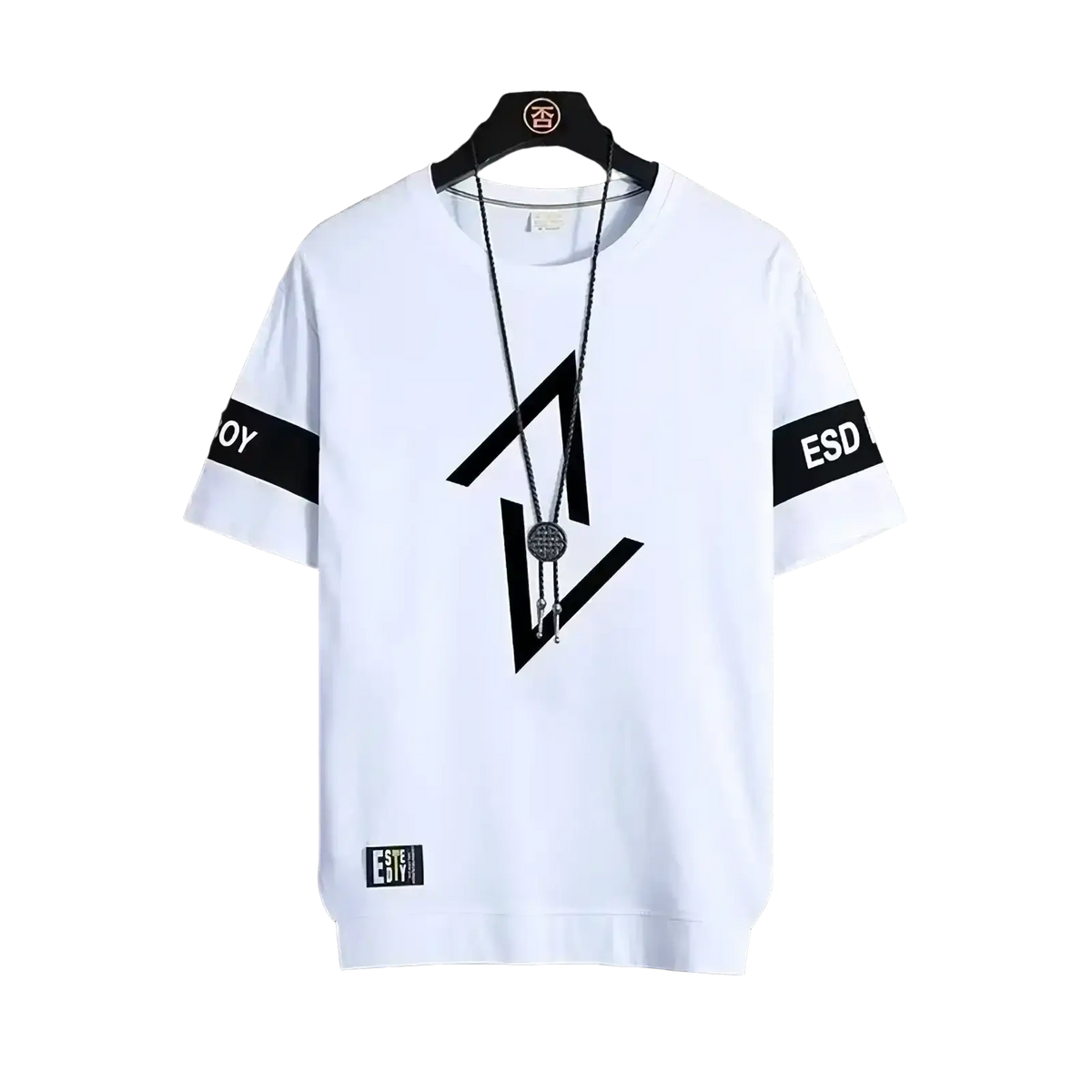 Men short sleeve white cotton graphic tee with black geometric front design and black sleeve bands for streetwear summer