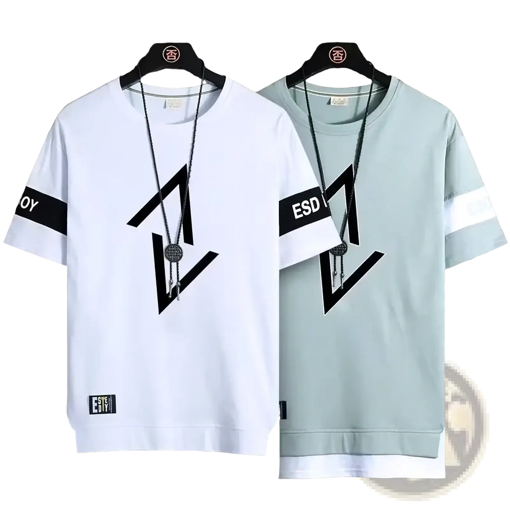 Men short sleeve graphic tee streetwear summer top in white and light green with black geometric designs and bold sleeve stripes