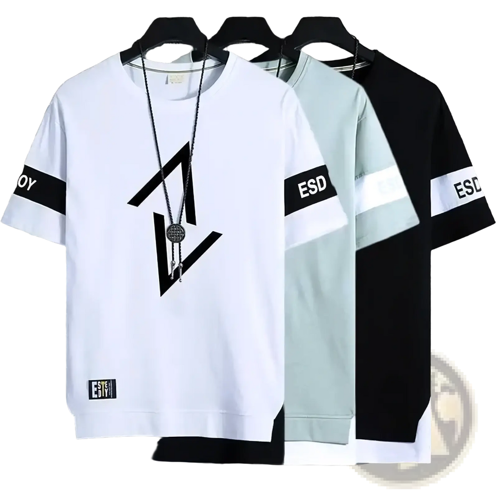 Men short sleeve graphic tee in white with black geometric print and esd branded sleeve stripes for streetwear summer wear