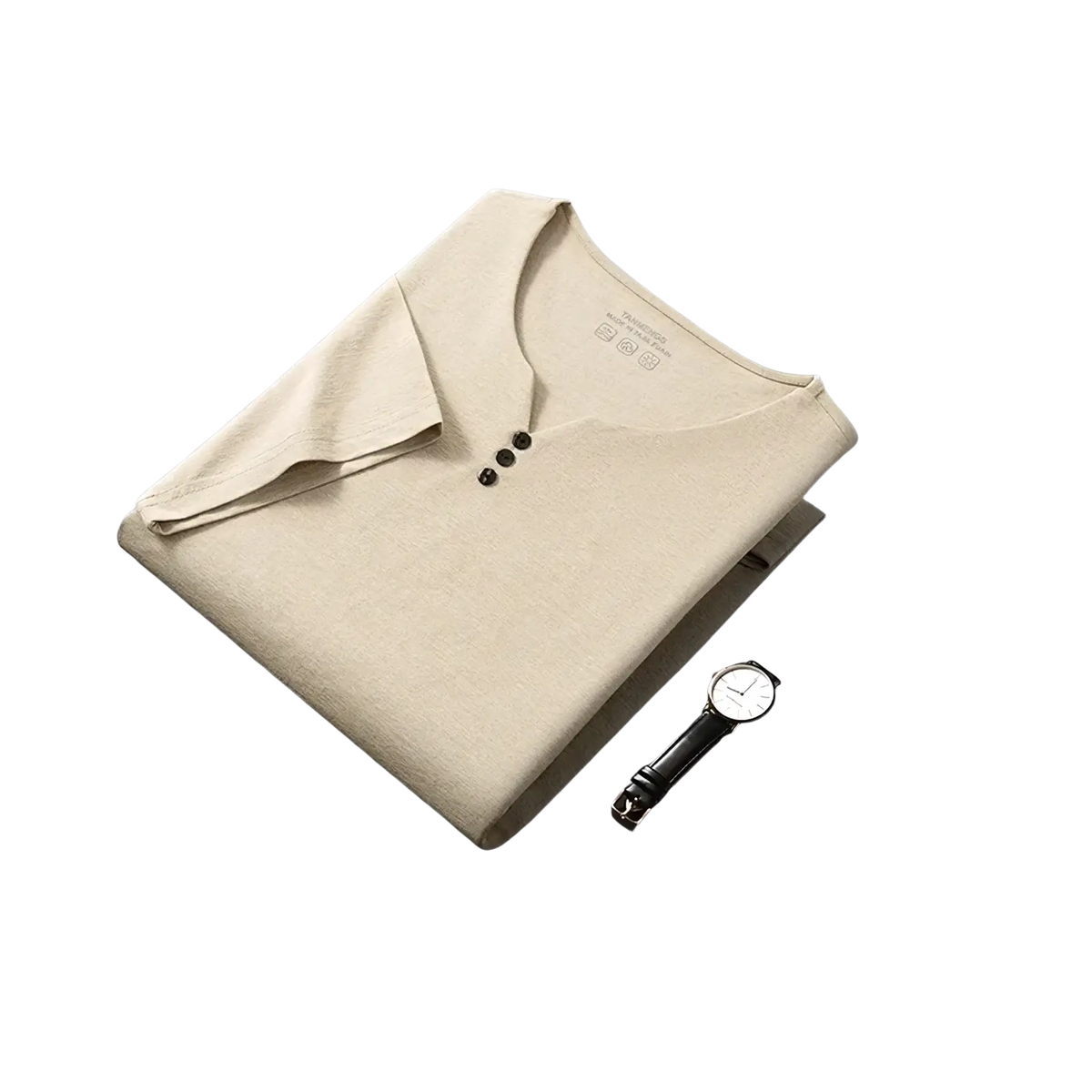 Beige linen men short sleeve henley shirt with three dark buttons and folded collar casual textured tee