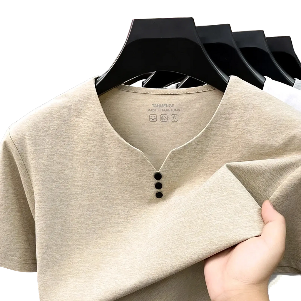 Beige men short sleeve henley shirt with three black buttons and soft textured fabric for casual wear