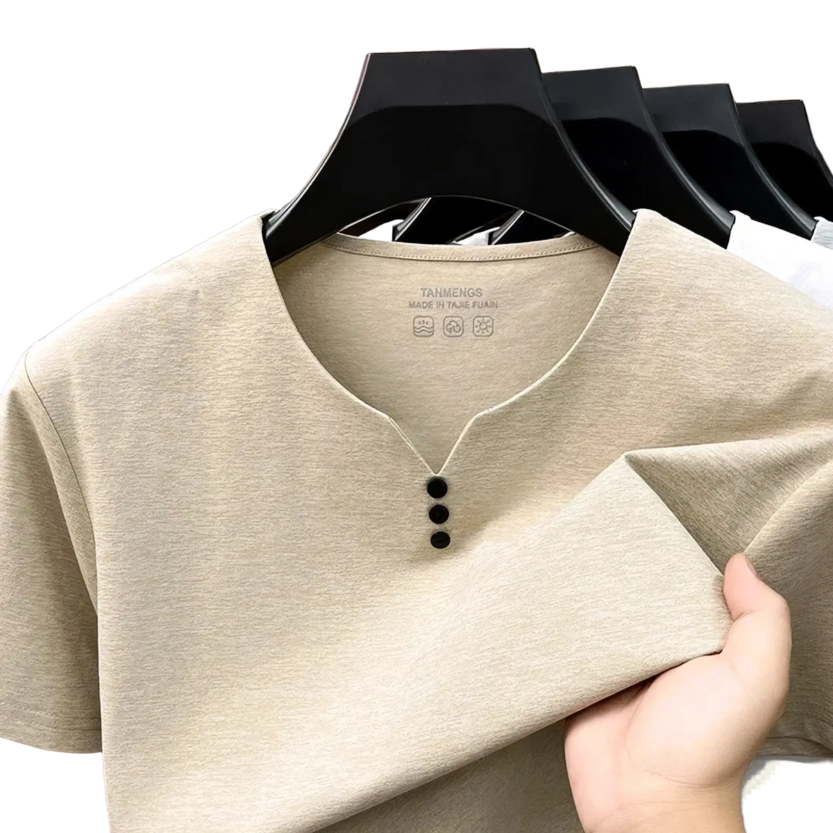 Beige men short sleeve henley shirt with three black buttons and soft textured fabric for casual wear