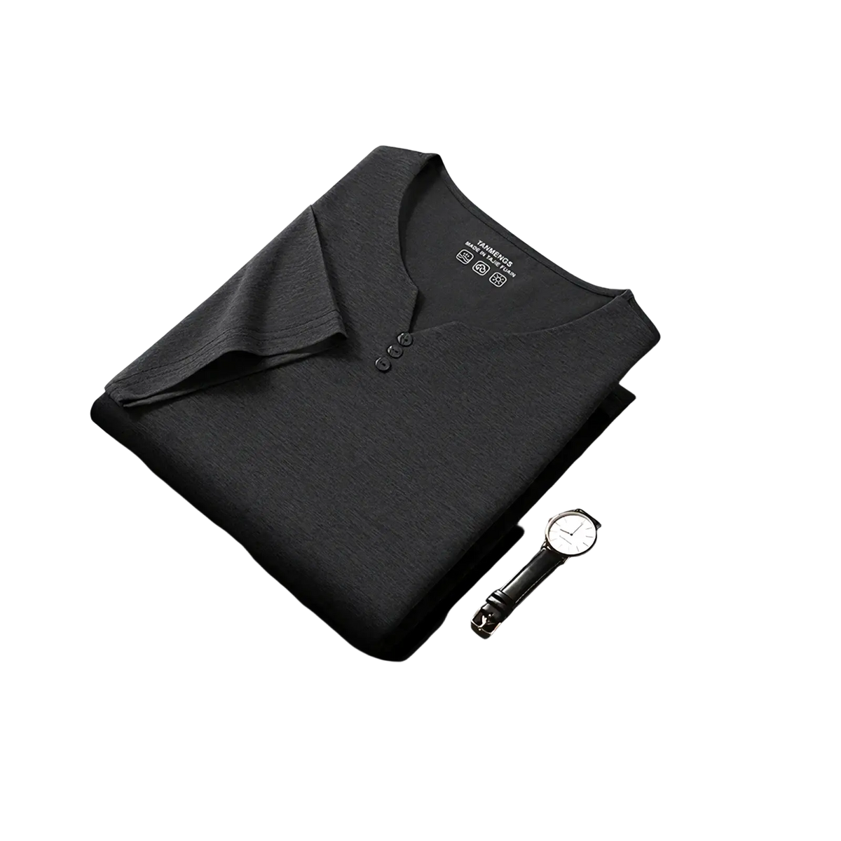 Black textured men short sleeve henley shirt with three buttons and a subtle collar for casual wear