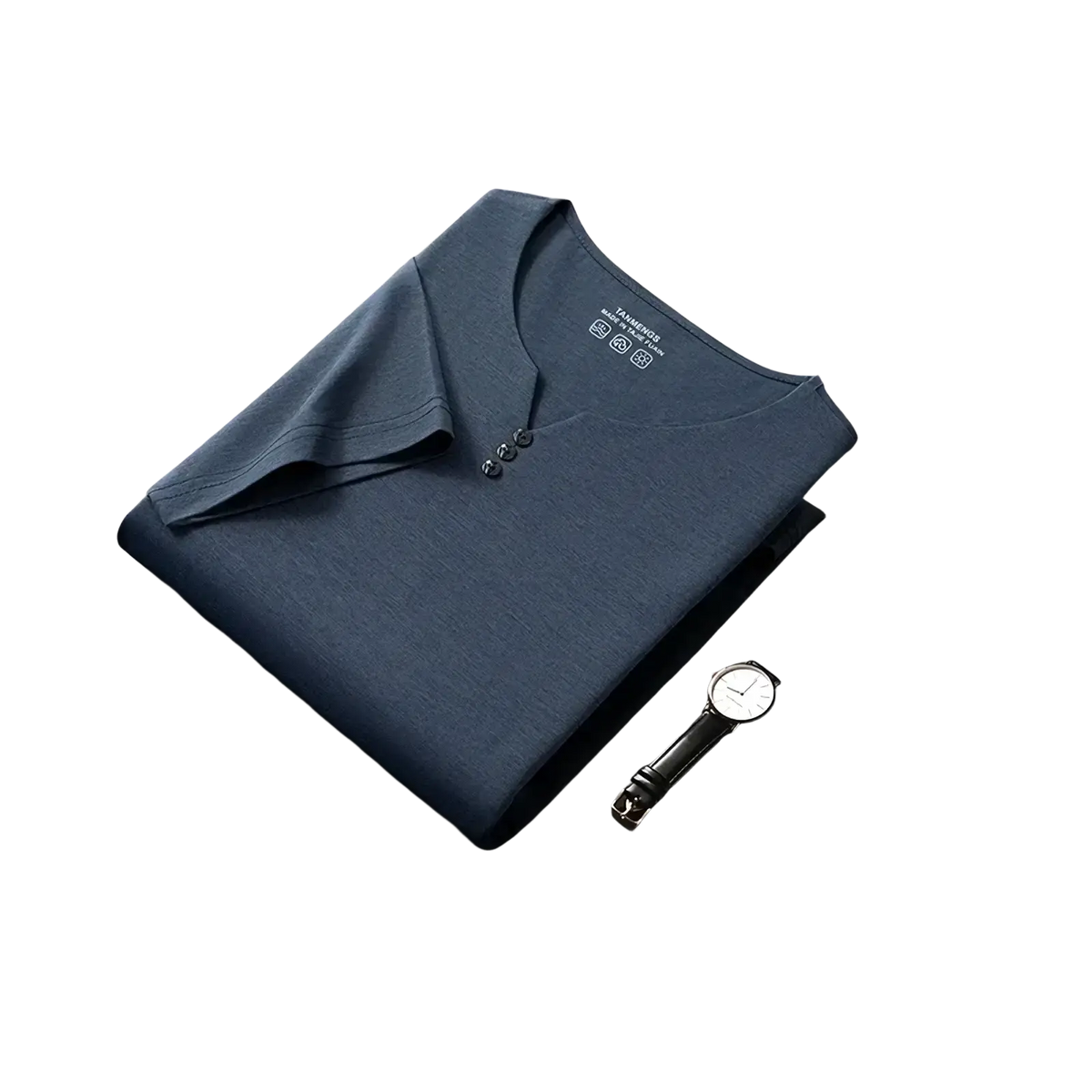 Dark blue cotton short sleeve henley shirt with three black buttons and subtle textured weave for casual wear