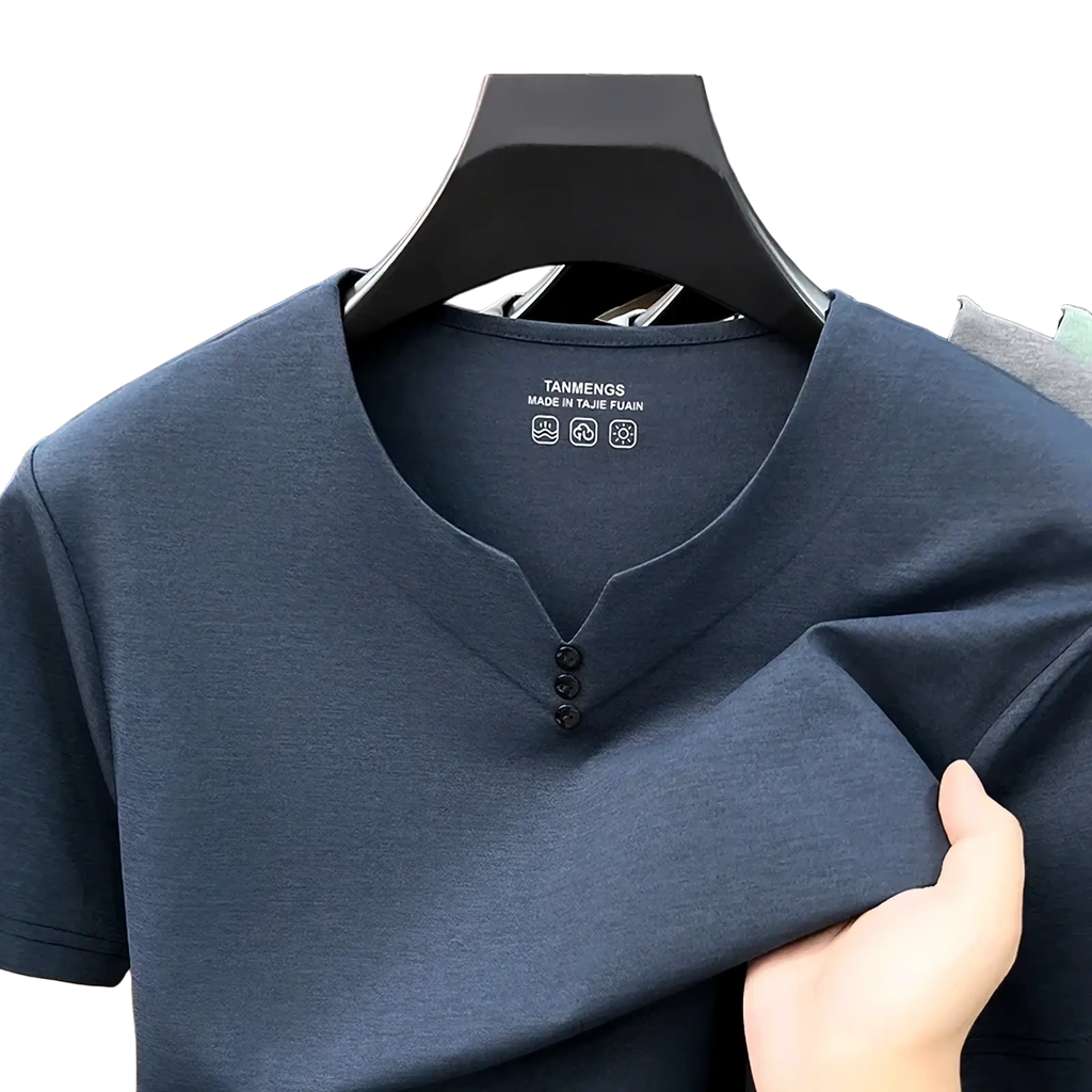 Men short sleeve henley shirt in dark blue with three black buttons and subtle textured fabric for casual wear