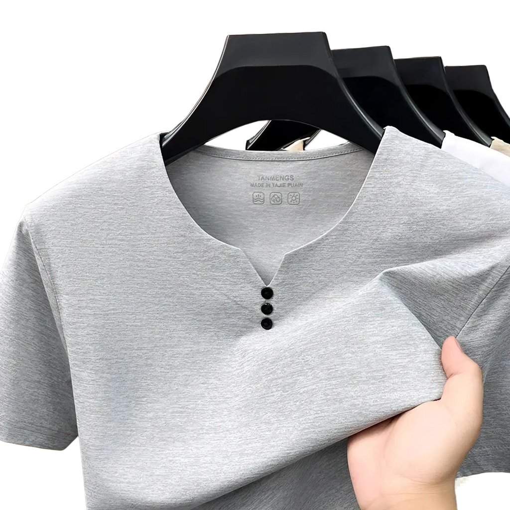 Men short sleeve henley shirt in gray heathered fabric with three black buttons textured casual tee
