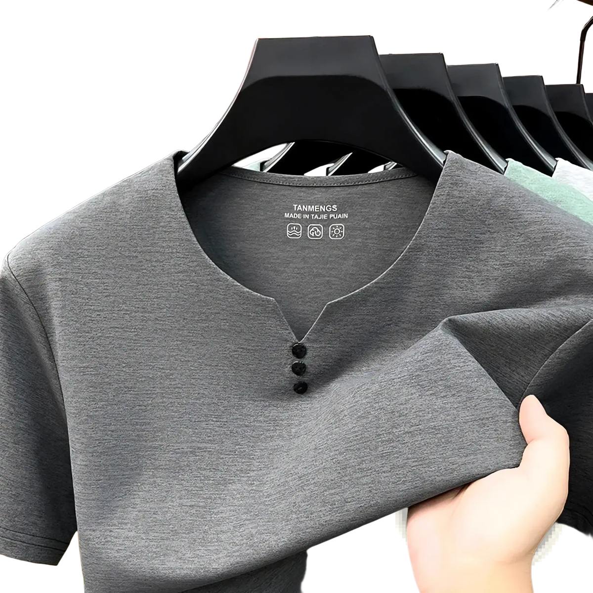 Men short sleeve henley shirt in gray heathered texture with black buttons and tanmengs brand label for casual wear