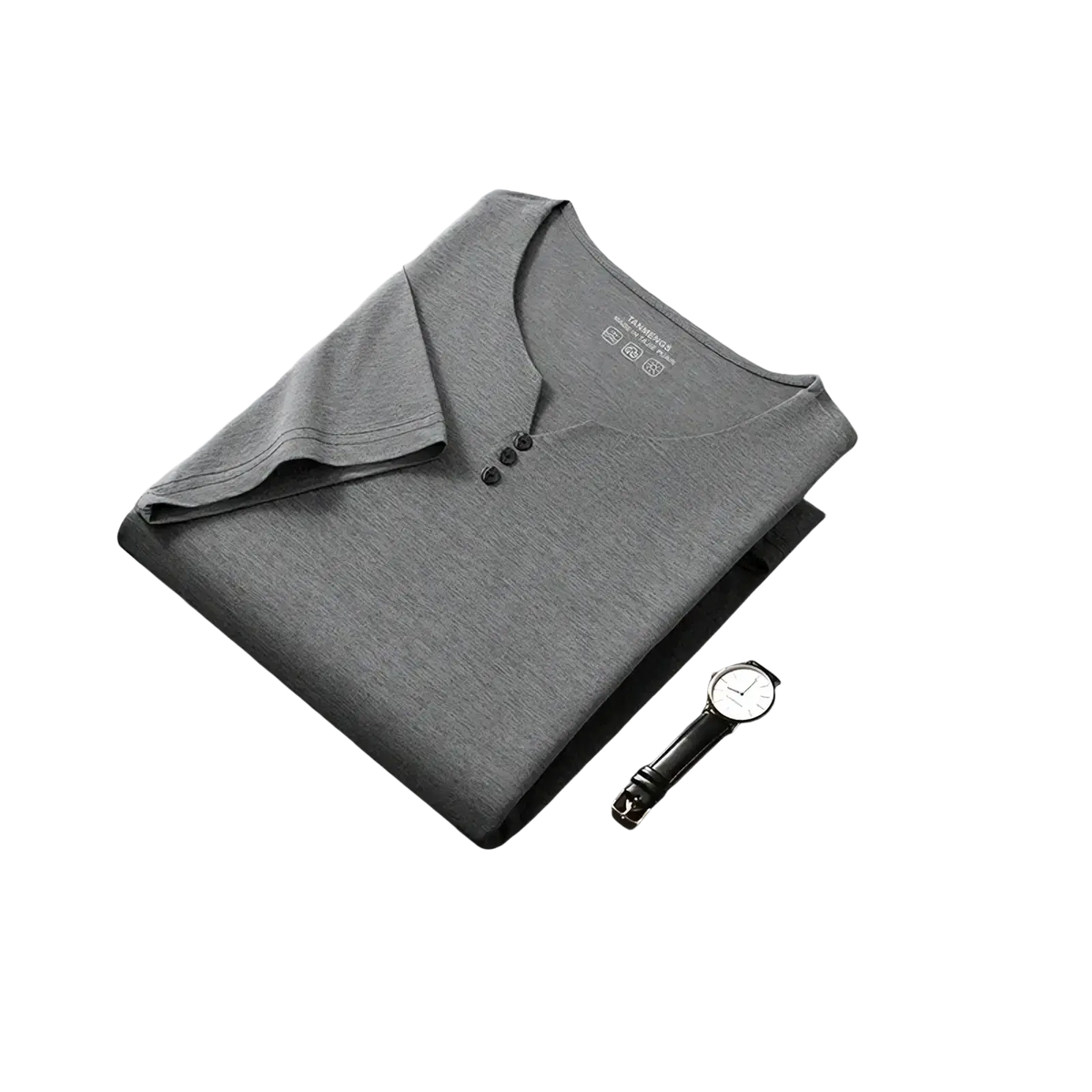 Gray heathered short sleeve henley shirt with three black buttons and subtle texture neatly folded for casual wear