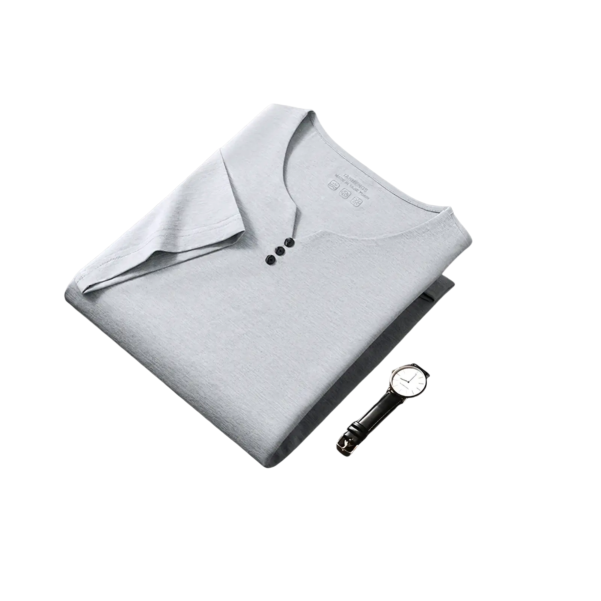 Men short sleeve henley shirt in light gray cotton with three black buttons at the neckline for casual wear