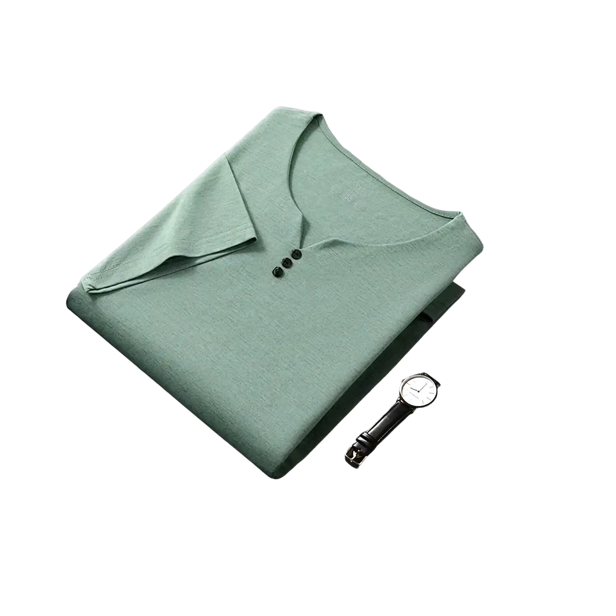 Mint green short sleeve henley shirt with textured fabric and three black buttons for casual wear