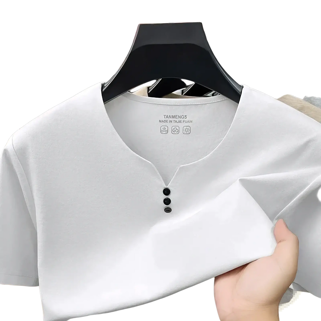 White textured men short sleeve henley shirt with black buttons subtle v-neckline and tanmeng brand on inner collar