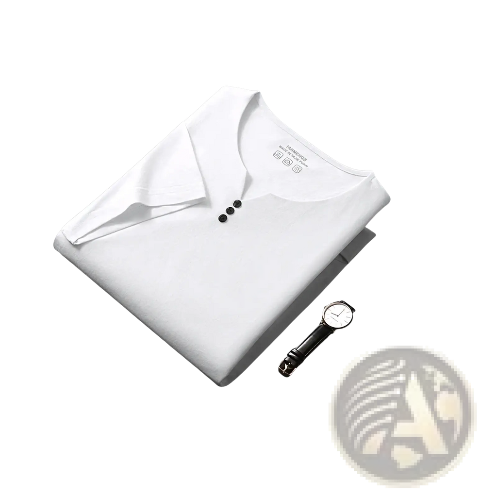 White men short sleeve henley shirt with black buttons and subtle collar neatly folded on dark surface for casual wear