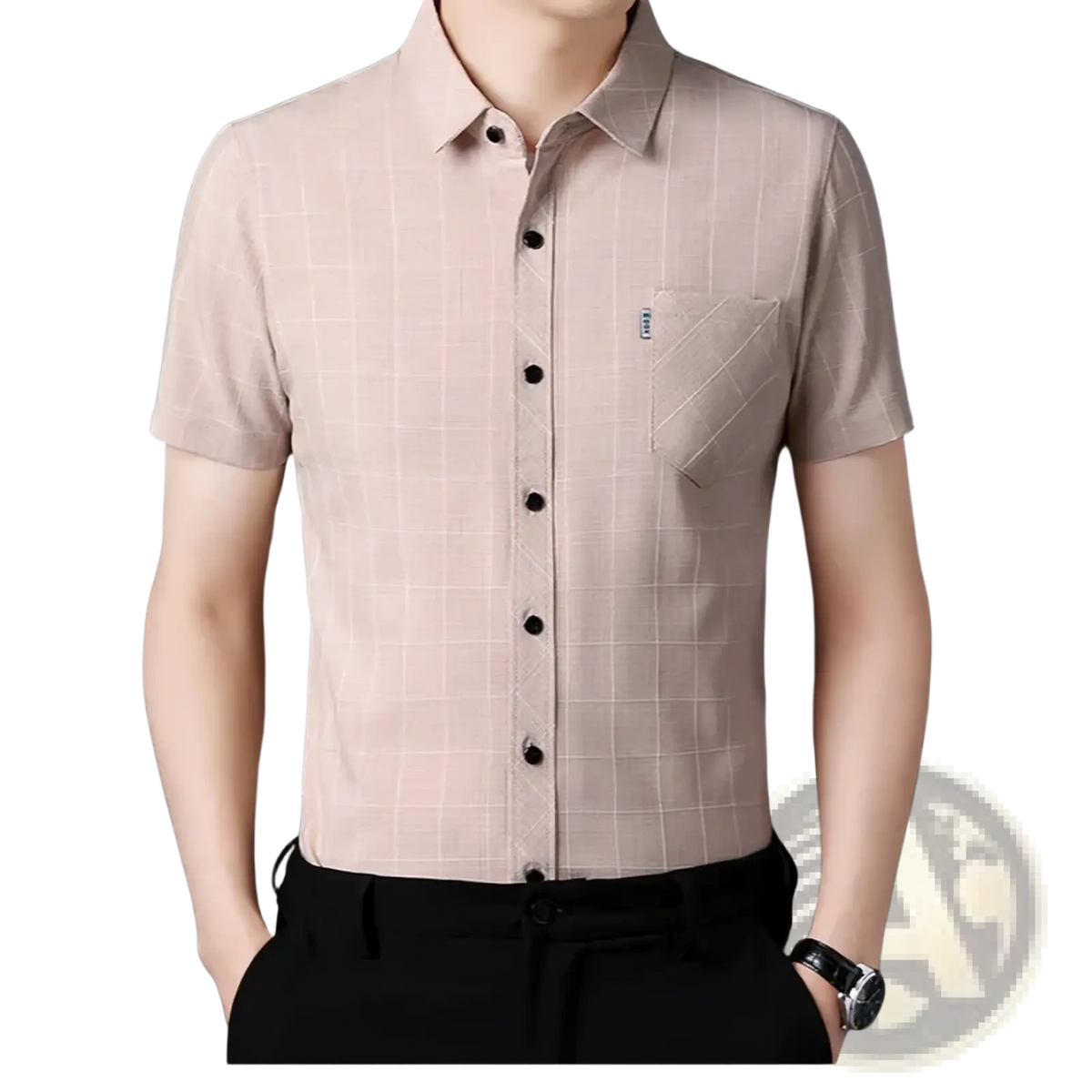 Beige men short sleeve plaid shirt with subtle grid pattern and black buttons casual button up top