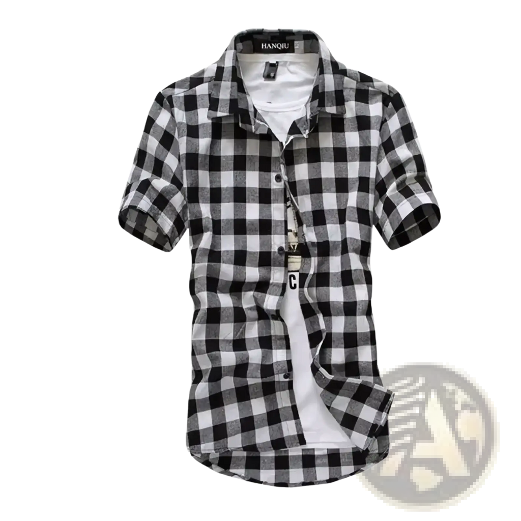 Men short sleeve button up top black and white checkered casual shirt with collar for everyday wear