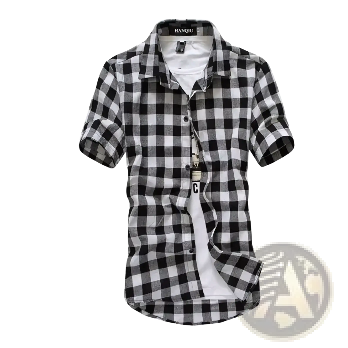 Men short sleeve button up top black and white checkered casual shirt with collar for everyday wear