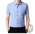 Men short sleeve plaid shirt casual button up top in light blue with subtle white grid pattern and black buttons