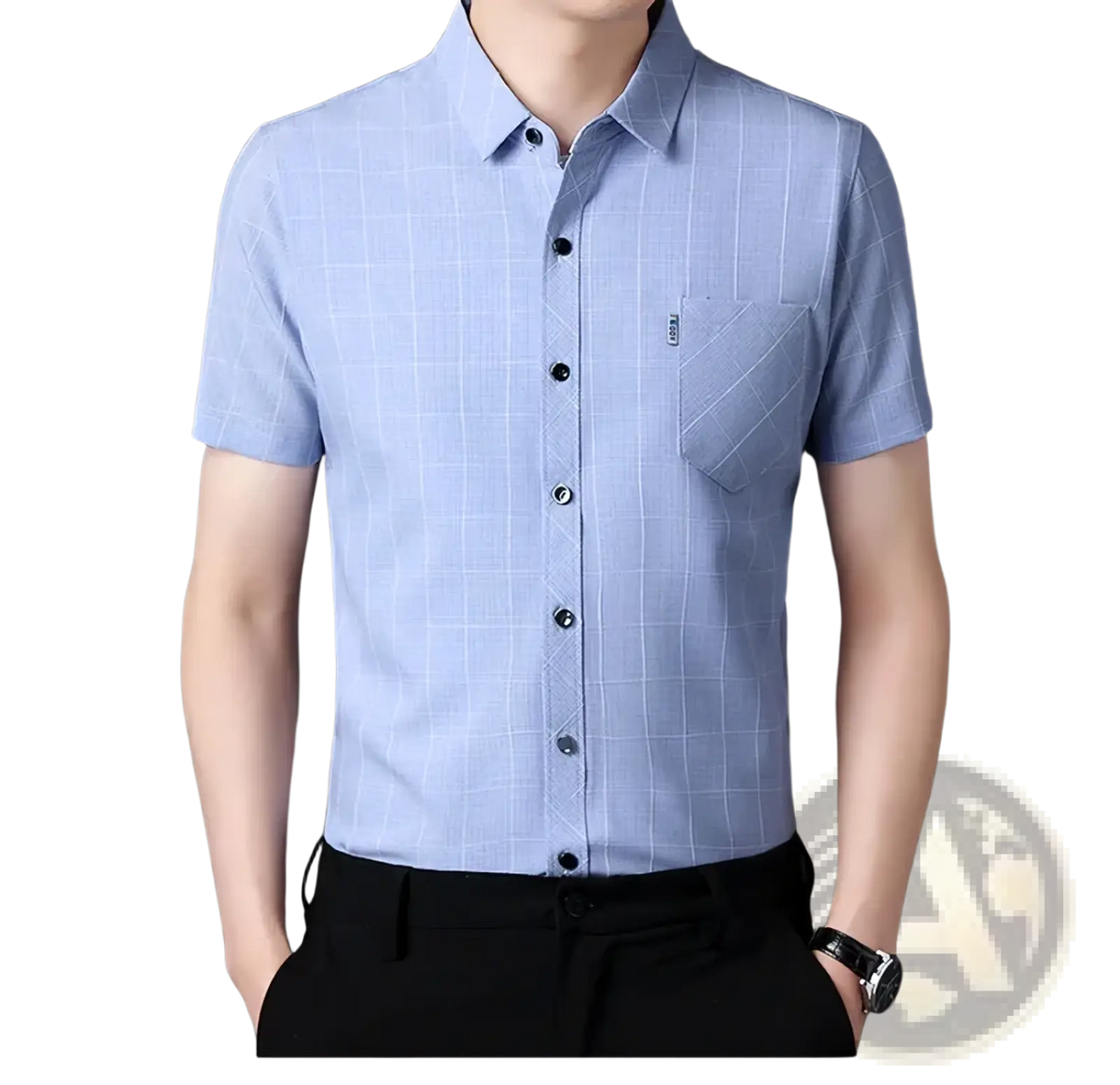 Men short sleeve plaid shirt casual button up top in light blue with subtle white grid pattern and black buttons