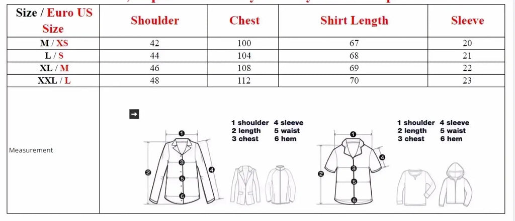 Size chart in centimeters for women’s blazer alongside men short sleeve plaid shirt casual button up top