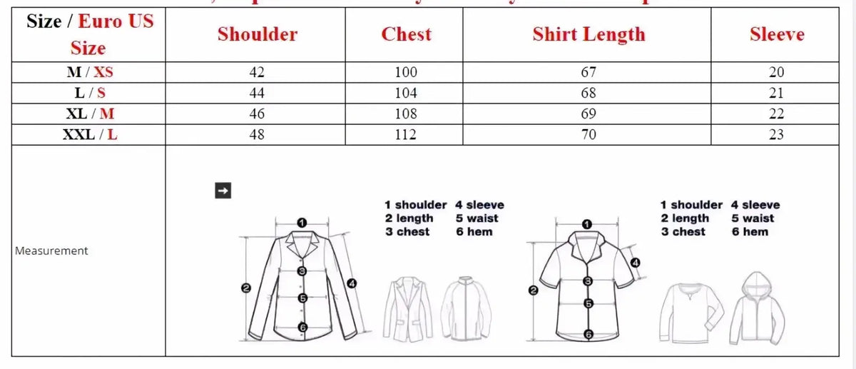 Size chart in centimeters for women’s blazer alongside men short sleeve plaid shirt casual button up top