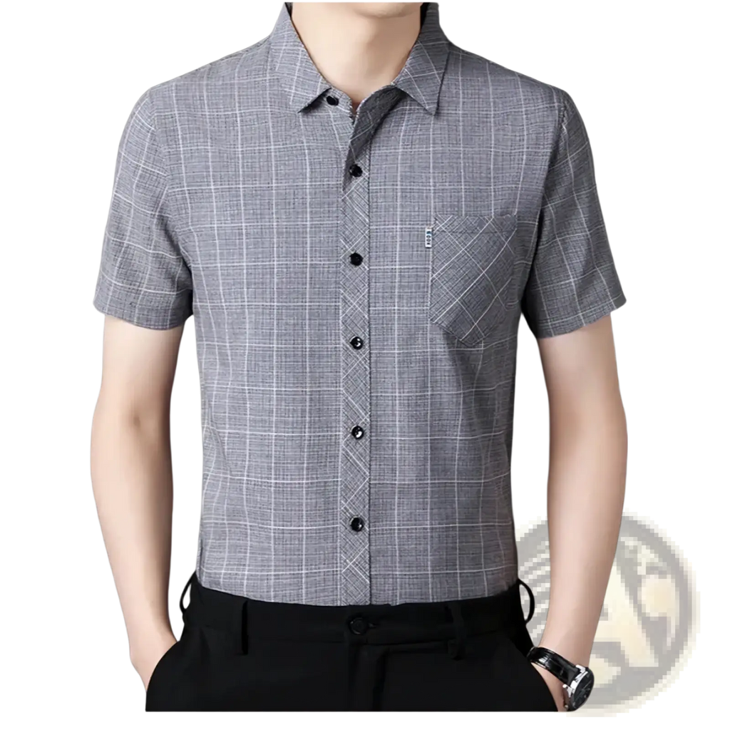 Men short sleeve plaid shirt casual button up top in gray and white checkered pattern with collar and buttons