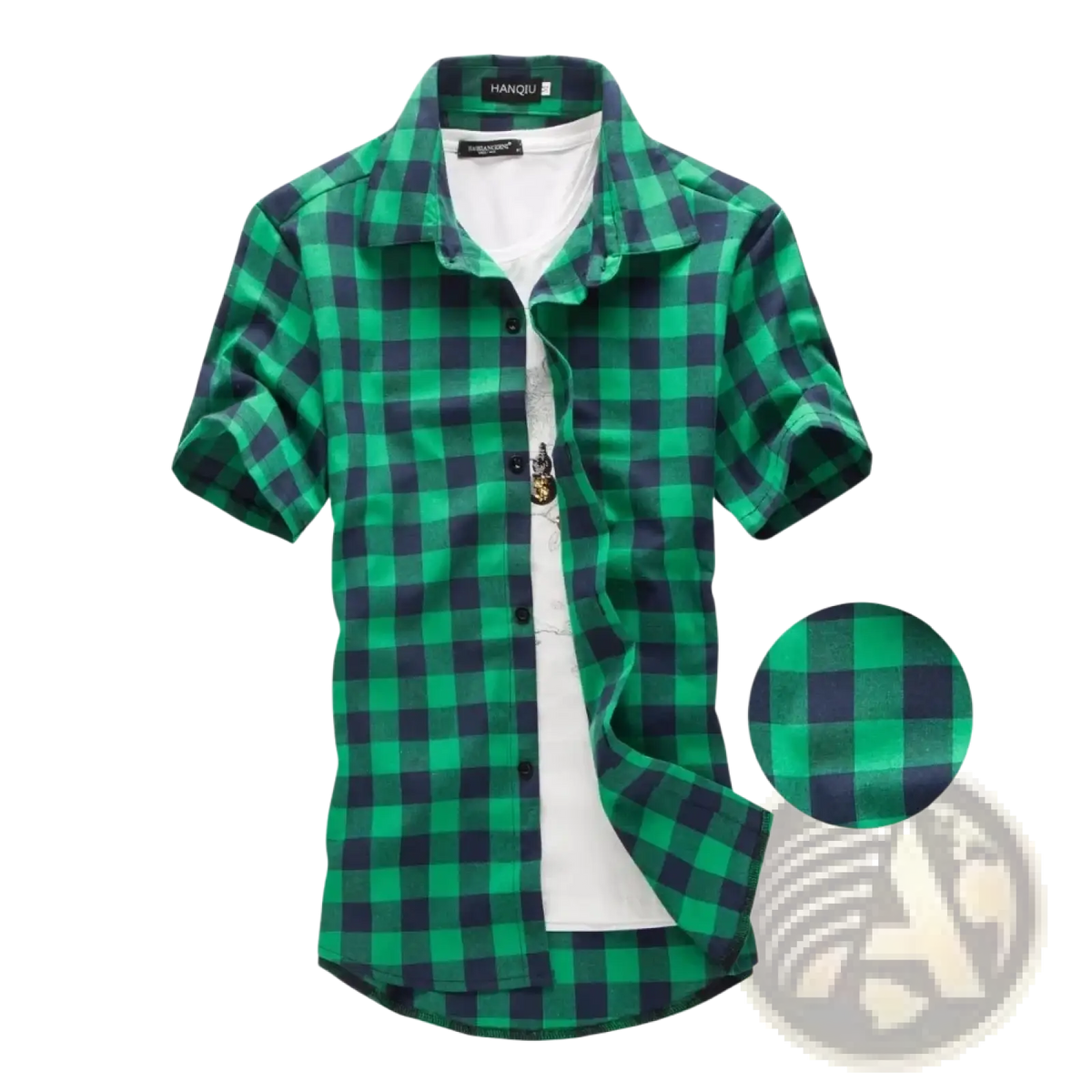 Men short sleeve plaid shirt casual button up top in green and black cotton with collar and front buttons