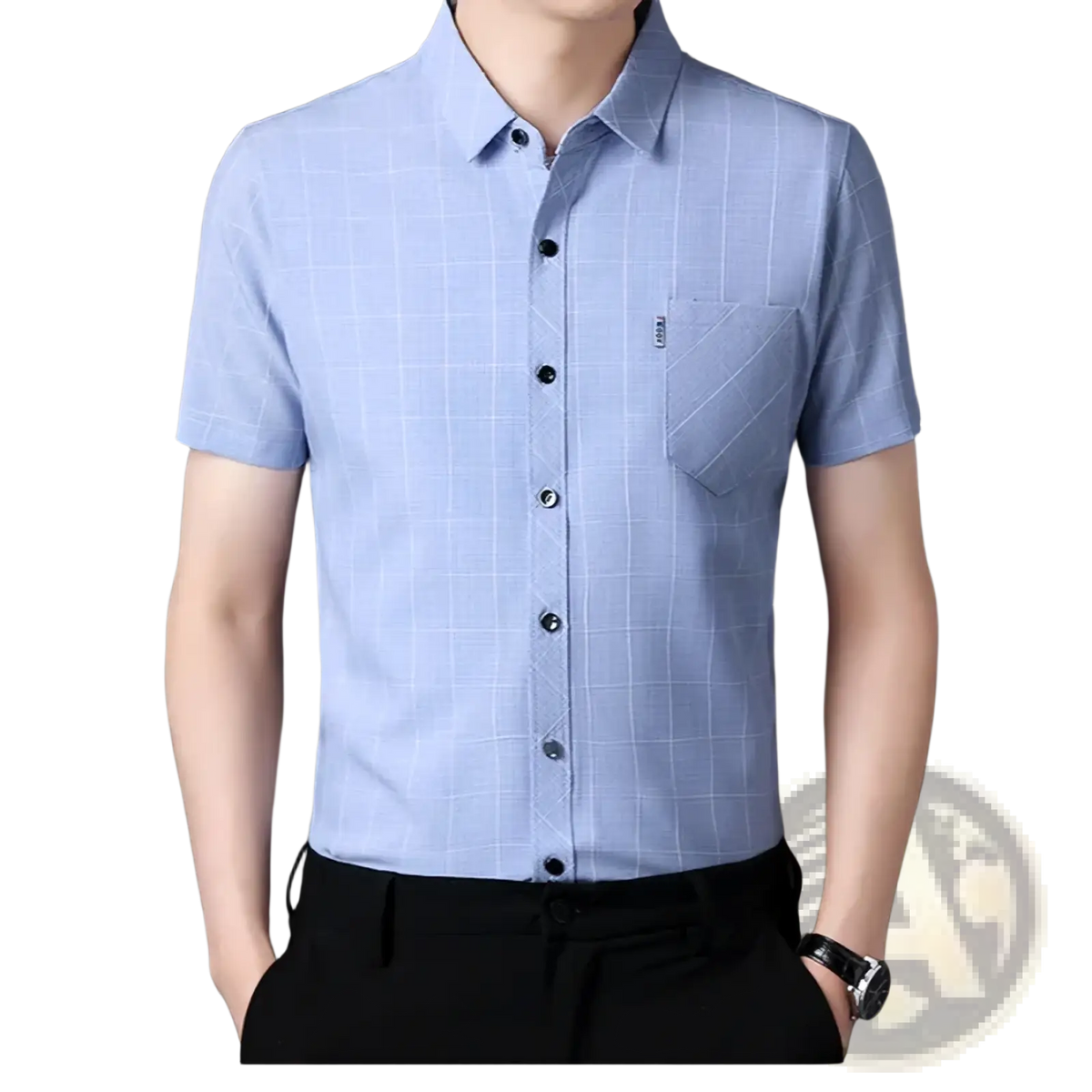 Men short sleeve plaid shirt in light blue with subtle grid pattern and black buttons for casual wear