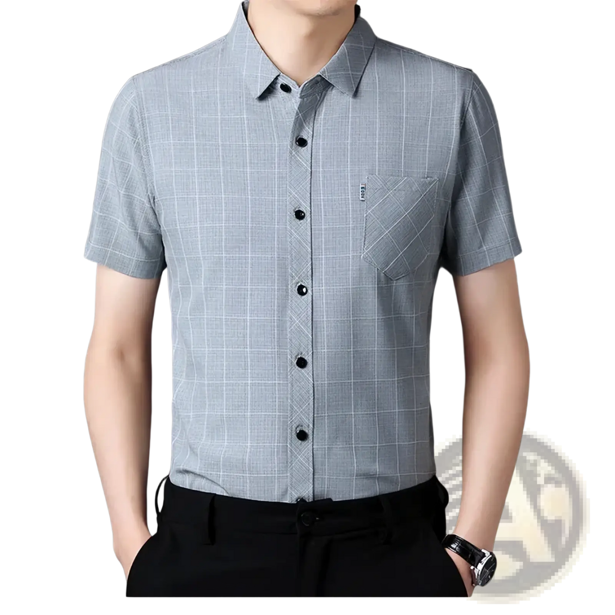 Men short sleeve plaid shirt casual button up top in light gray with subtle white grid pattern and black buttons