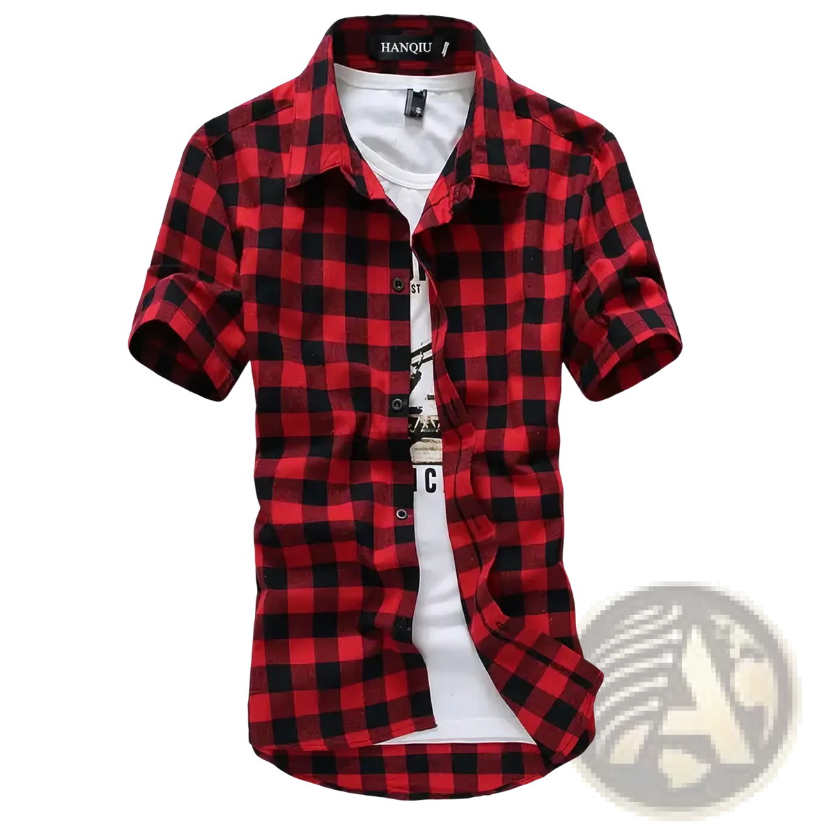 Men short sleeve plaid shirt casual button up top in red and black worn over a white t shirt with a collar