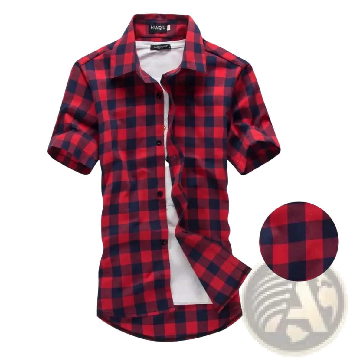 Men short sleeve plaid shirt by hanqiu in red and navy blue casual button up cotton top
