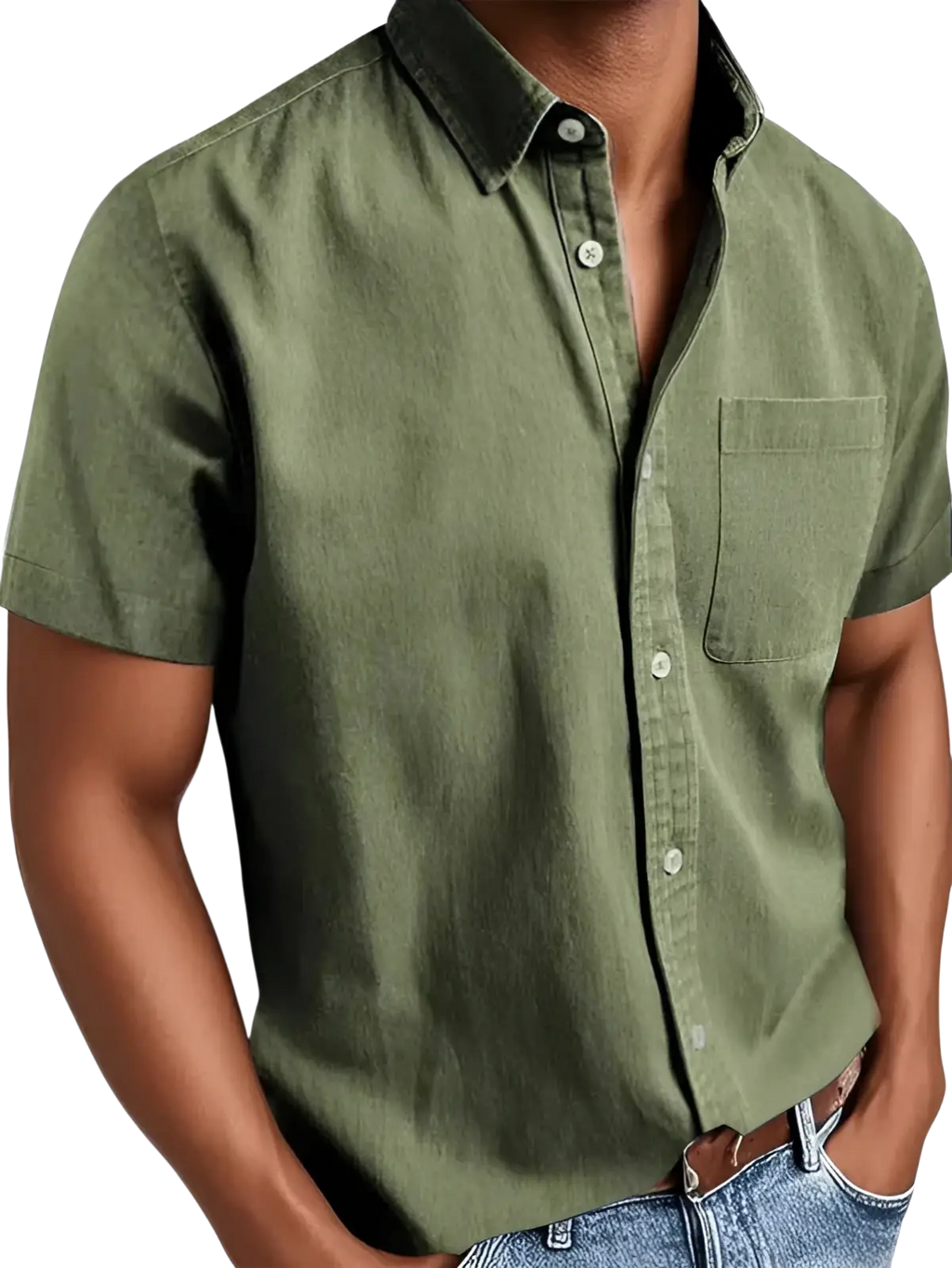 Men short sleeve polo collar denim shirt in olive green with chest pocket and white buttons in button-down style