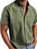 Men short sleeve polo collar denim shirt in olive green with chest pocket and white buttons in button-down style