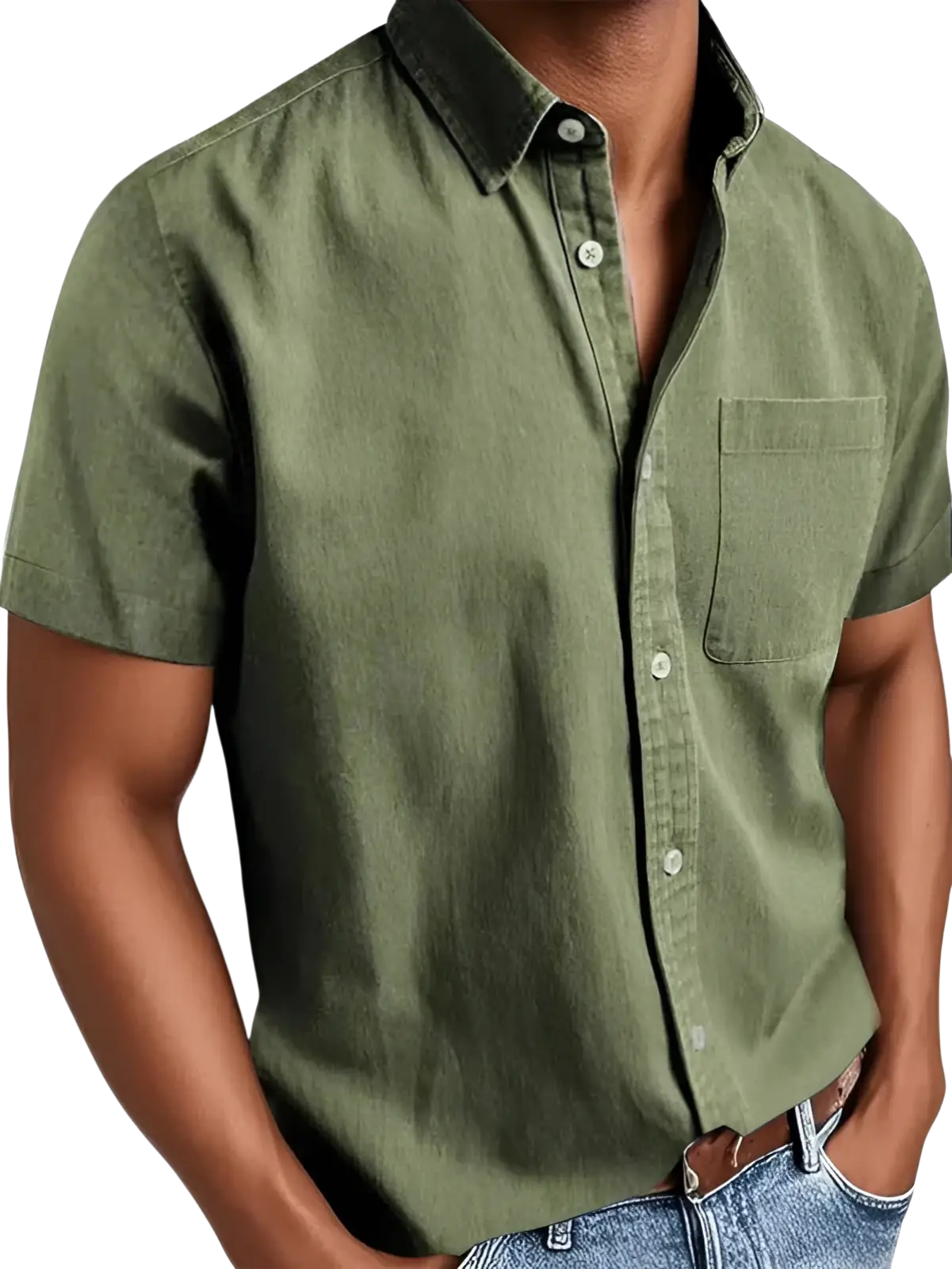 Men short sleeve polo collar denim shirt in olive green with chest pocket and white buttons in button-down style