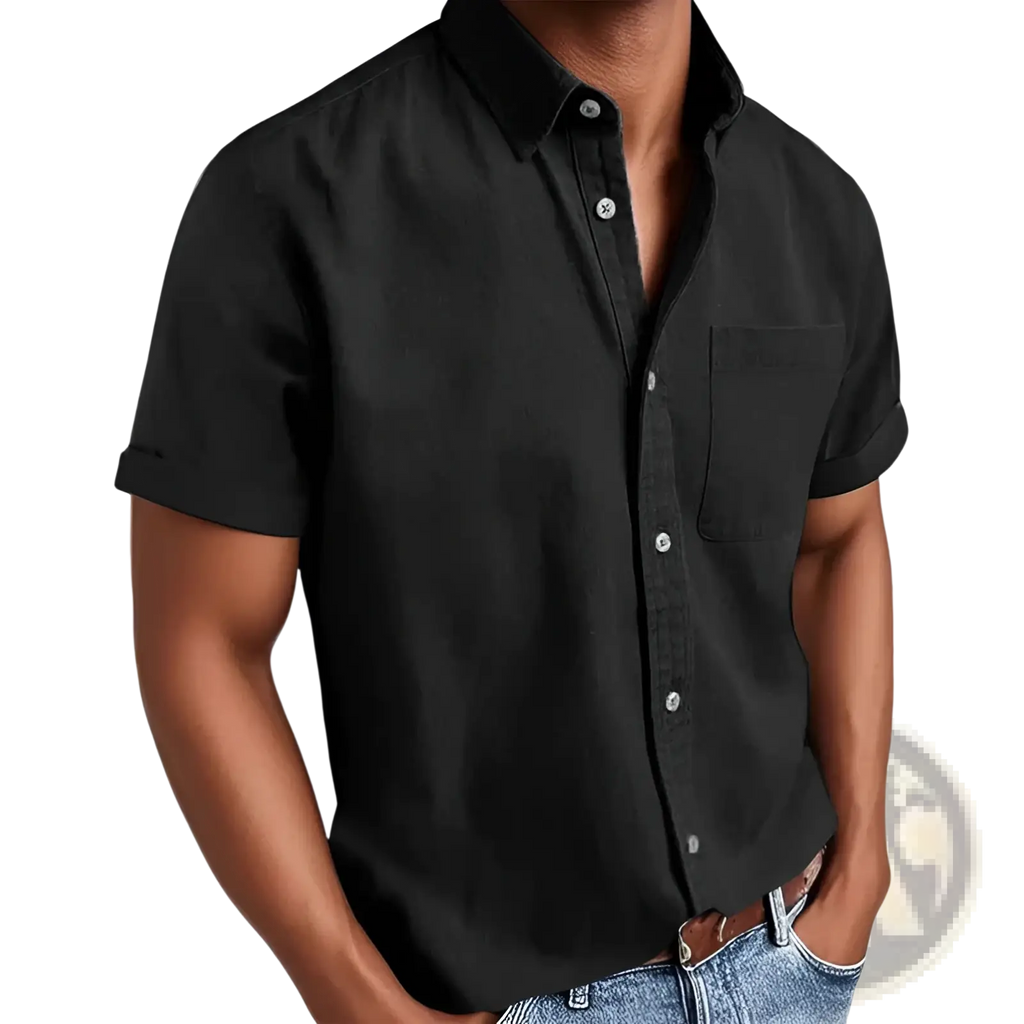 Men short sleeve polo collar denim shirt in black with button-up front chest pocket and rolled cuffs