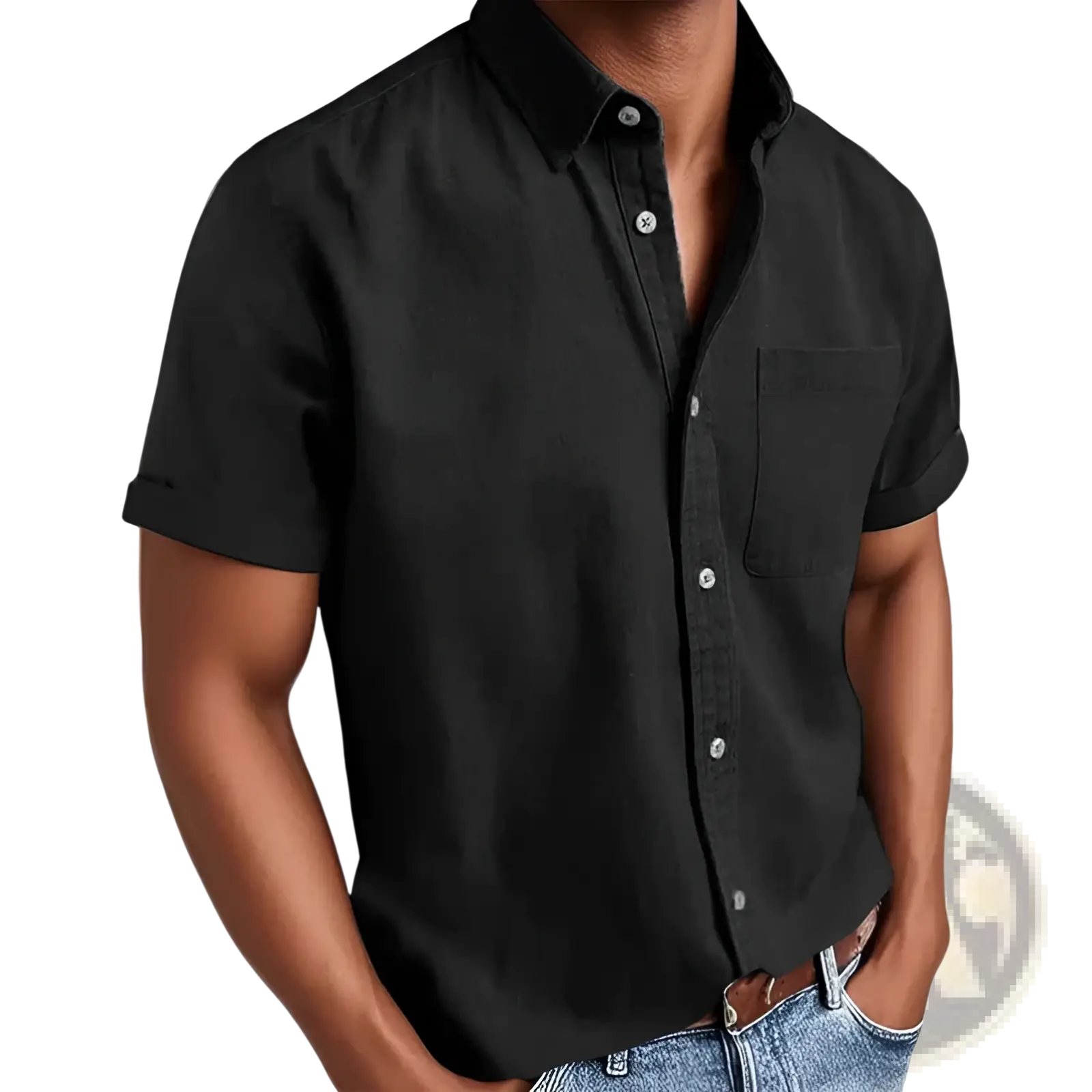 Men short sleeve polo collar denim shirt in black with button-up front chest pocket and rolled cuffs