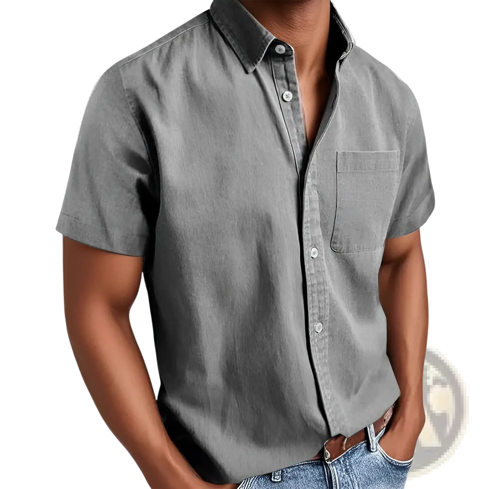 Men short sleeve polo collar denim shirt in gray with chest pocket white buttons and button-up front