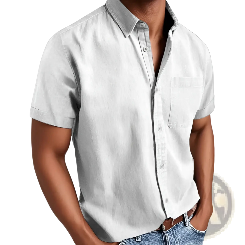 Light gray short sleeve polo collar denim shirt with chest pocket and rolled cuffs for men