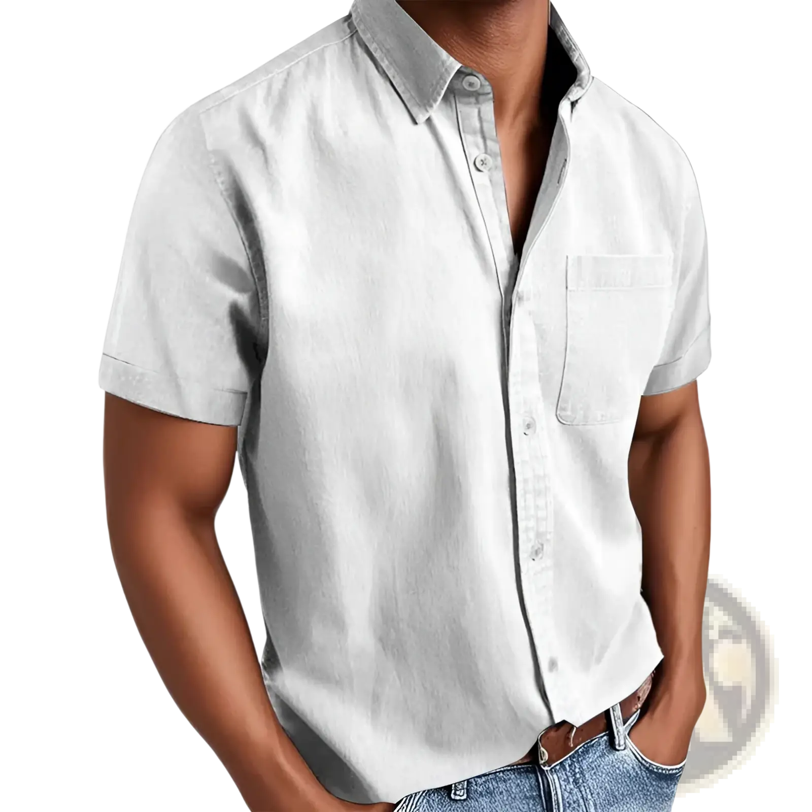 Light gray short sleeve polo collar denim shirt with chest pocket and rolled cuffs for men
